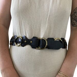 Vintage 1970s Battani Black Leather Solid Brass Buckle Hippie Festival Belt Sz L